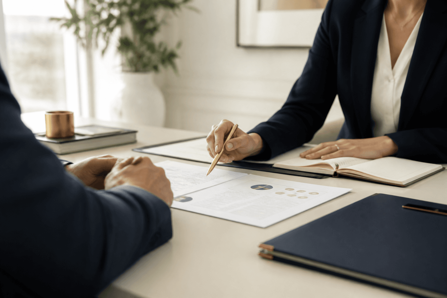 A calm financial education conversation at a refined planning table