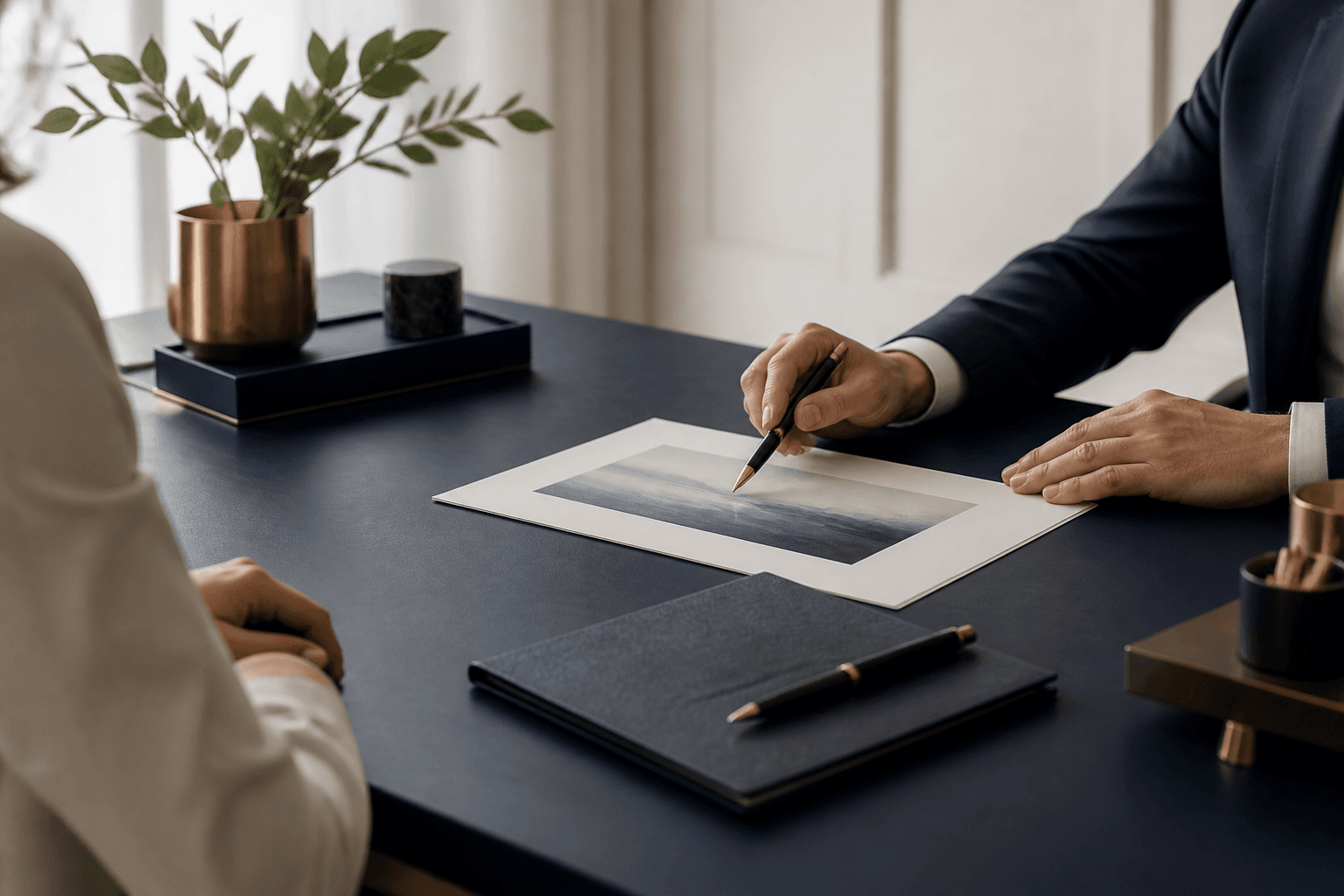 A refined financial planning conversation at a navy desk