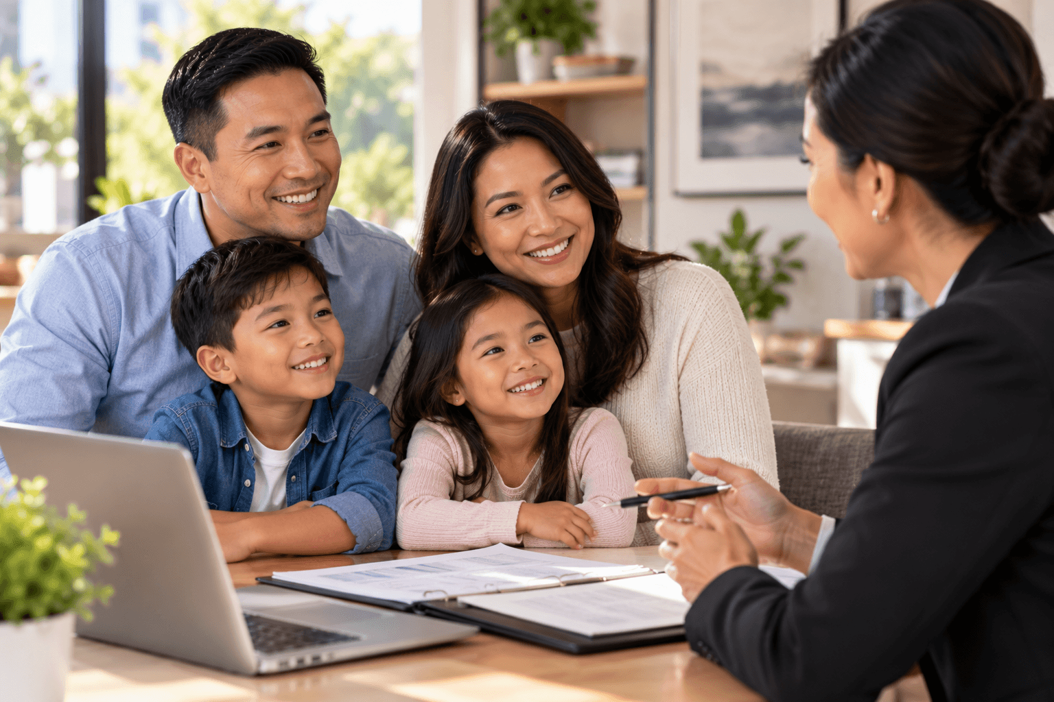 Family reviewing permanent protection and living-benefit planning options